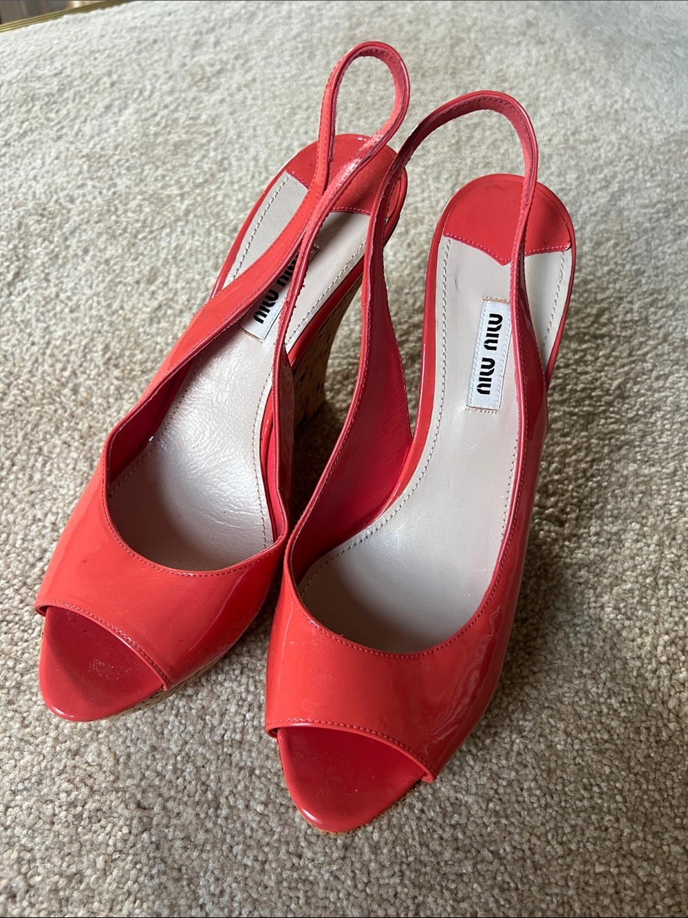 Miu Miu Coral Red Patent Peep-Toe Slingback Wedges